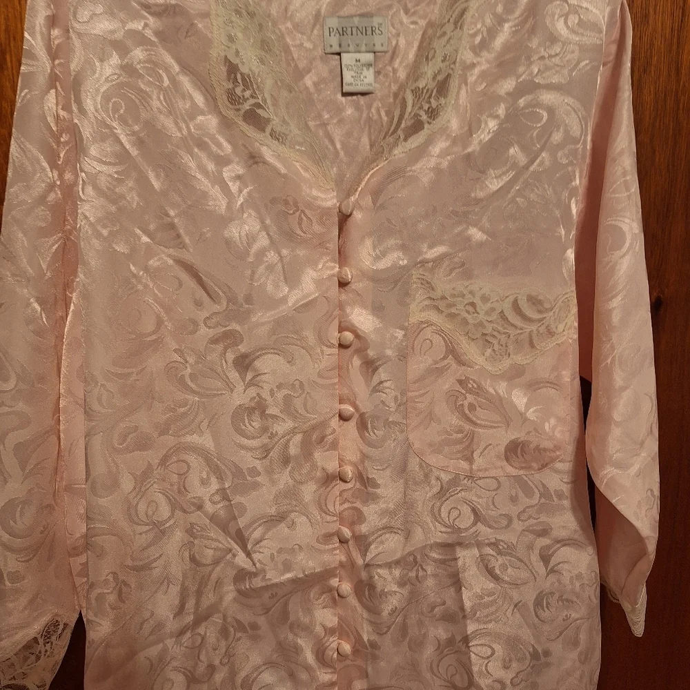 Vintage Partners Mervyns Peachy Pink Lace Nightgown Ladies Medium 80's Swirls - Picture 4 of 4